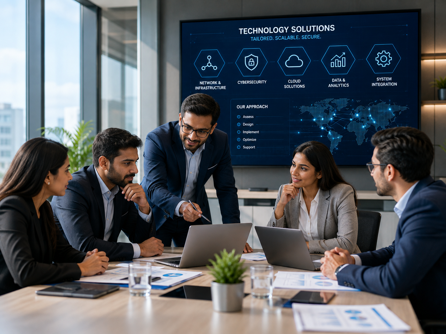 Professional technology consultation team planning in workspace